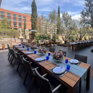 Courtyard Patio with tables, chairs, and place settings.